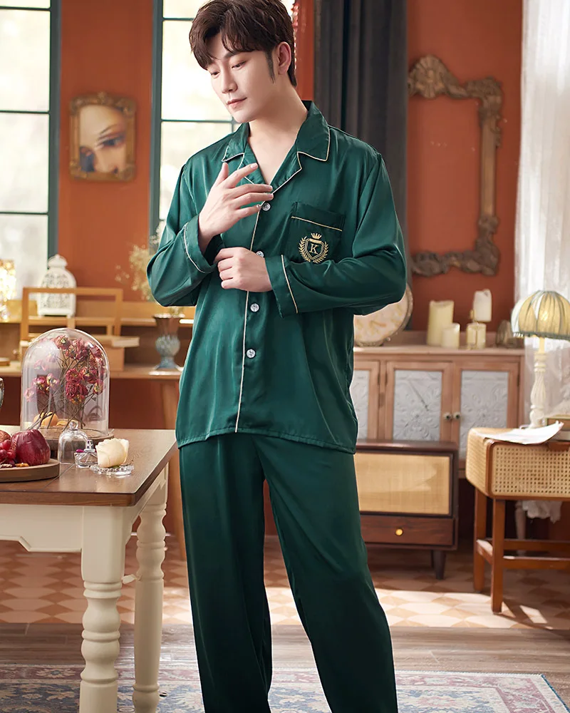 men satin pajamas 2PCS Pajamas Set Satin Men Sleepwear Embroidery Nightwear Two Pieces Shirt&Pants Suit Sexy Lounge Wear Casual Home Clothes organic pyjamas