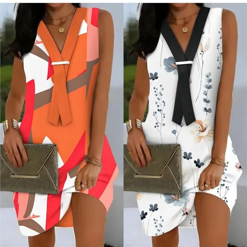 

Women's Summer Dress 2023 New Digital Print Fake Tie Sleeveless V Neck Casual Losse Tank Midi Dresses For Women Vintage Vestidos