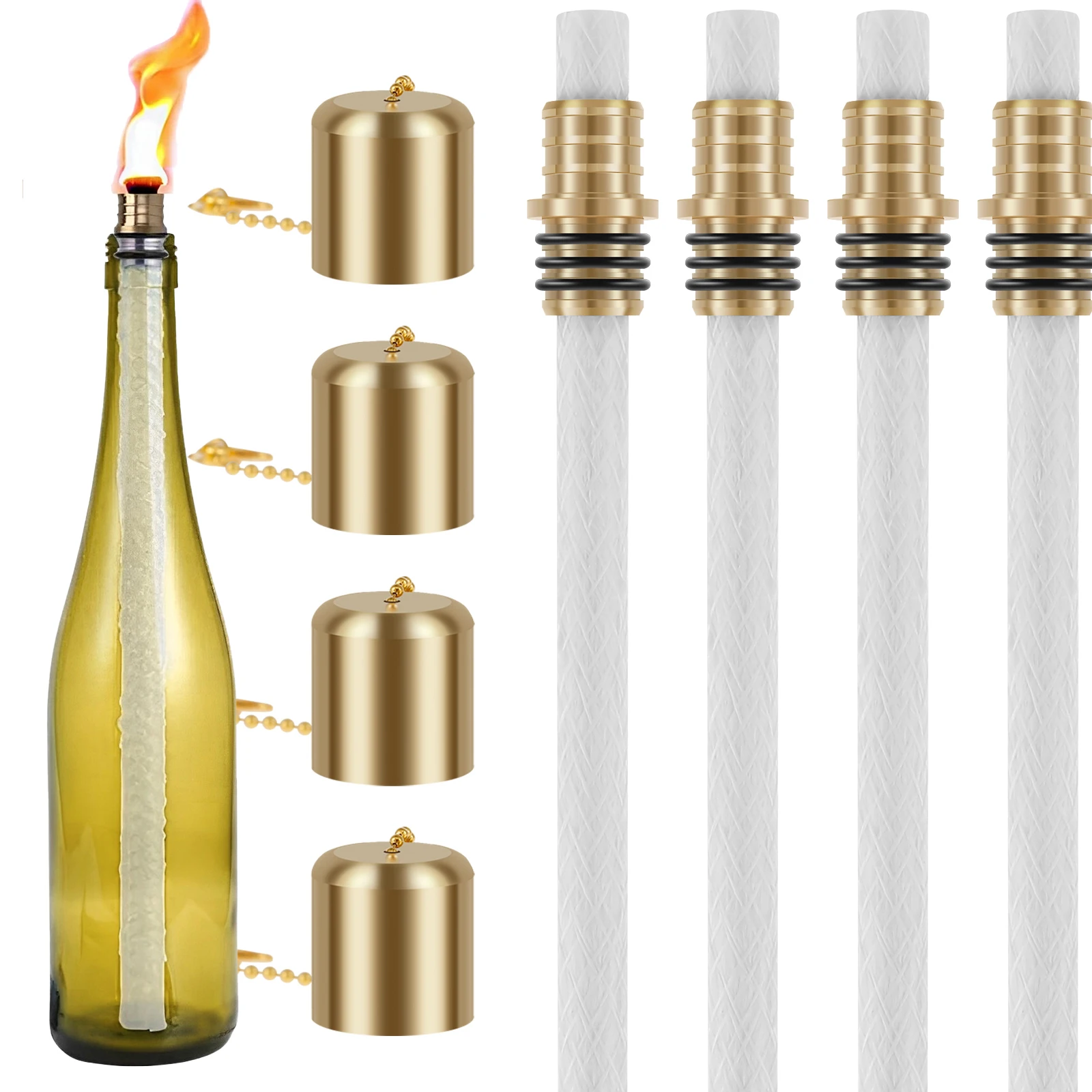 12PCS Light Wine Bottle Torch Kit,4 Torch Wicks 4 Brass Wick Holders and 4 Brass,DIY Outdoor Wine Bottle