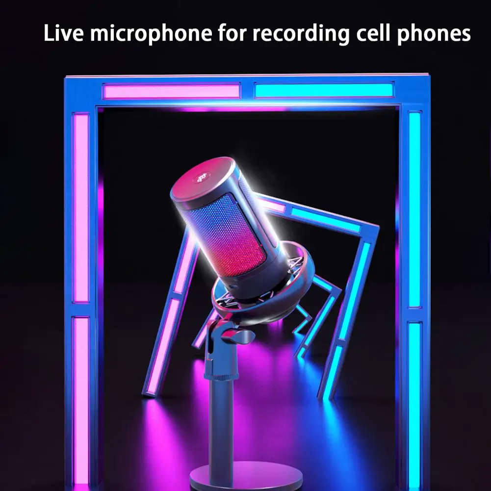 

Microphone Noise Reduction Stable Base RGB Light Effect Angle Adjustable USB Touch-Mute Condenser Microphone With Stand Set