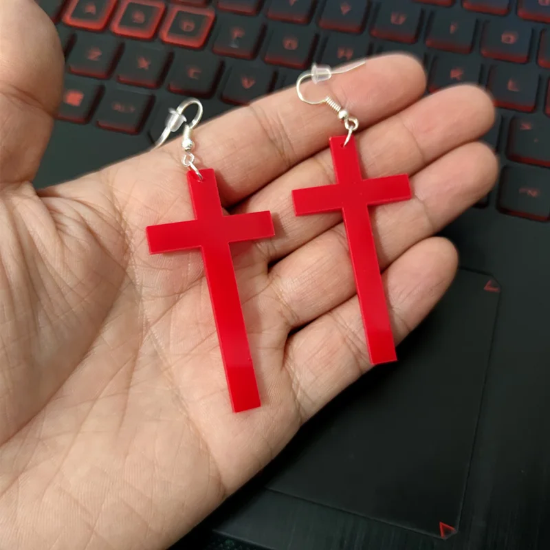 KUGUYS Rote Kreuz-Ohrhänger für Damen, Acryl-Schmuck, schlichte, klassische Modeaccessoires – Detail 9