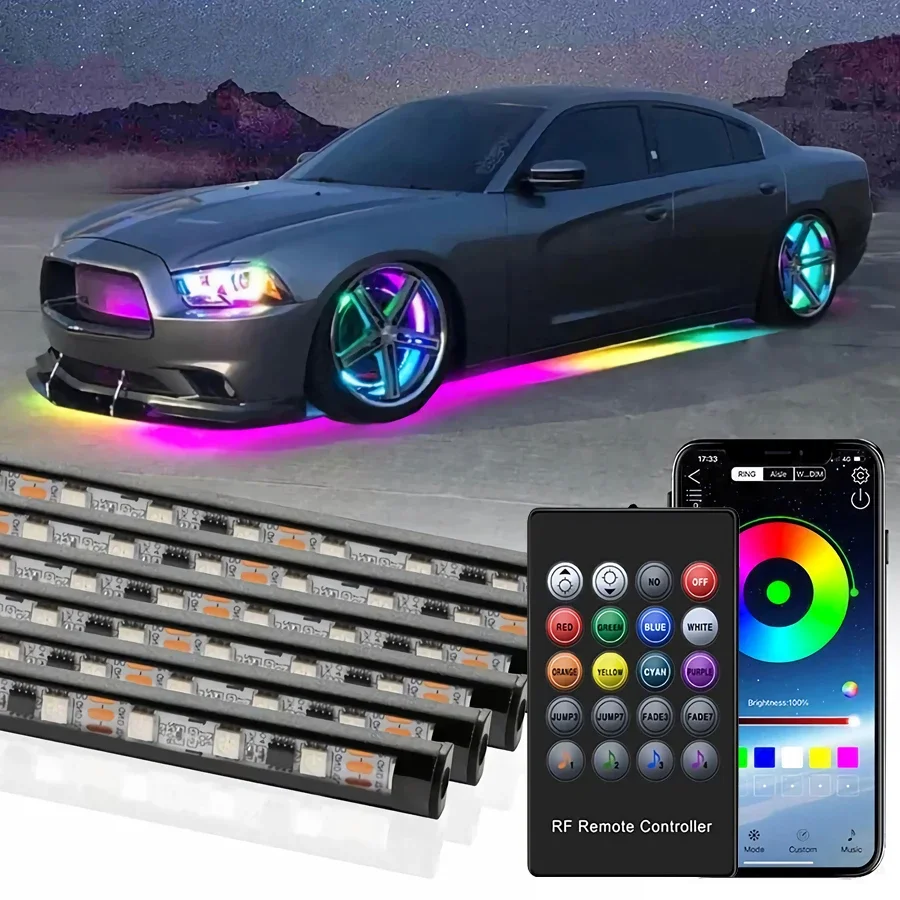 Car Flexible Underglow Strip Light LED Underbody Remote/APP Control RGB Neon Lights Car Underglow Decorative Atmosphere Lamp 12V