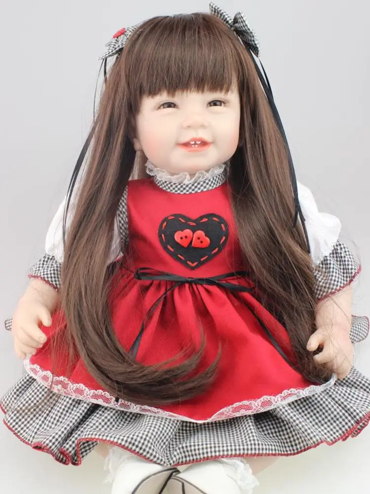 

22 Inch Cute Girl Reborn Toddler Doll four teeth long hair dressing up princess baby reborn soft silicone doll toys gift