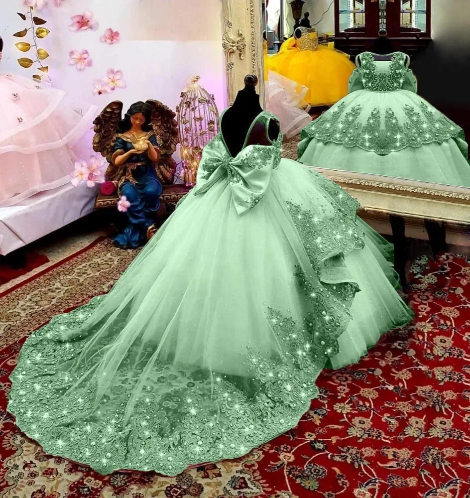 Wedding Flower Girl Dresses Little Girls Birthday Party Gown Toddlers Beaded Lace Princess Pageant Dress flower girl dresses
