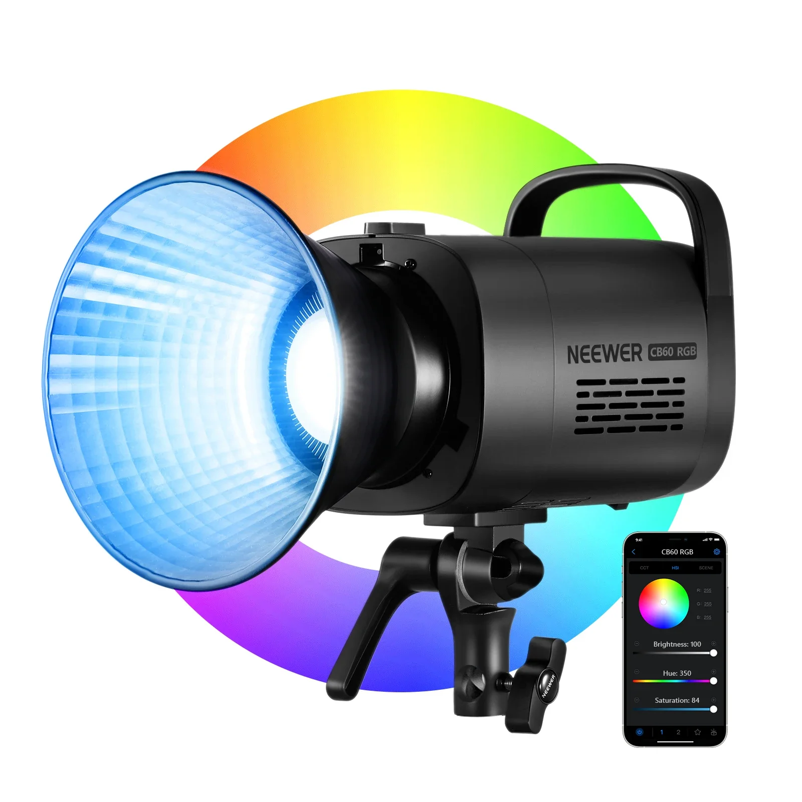 

NEEWER LED Video Light Bowens Mount RGB CB60 70W, RGB Full Color 18000 Lux@1m CCT 2700K~6500K CRI 97+ 17 Lighting Scenes App