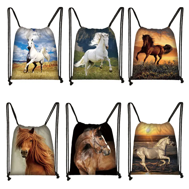 Tanie Galopujący zwierzęcy nadruk z koniem torba ze sznurkiem kobiety moda torby do sklep