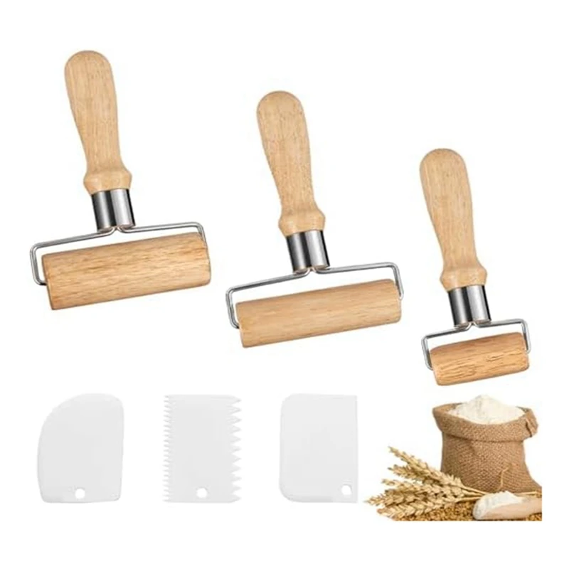 

Pack Of 3 Wooden Rolling Pin Wood Color & White Wood+Plastic Suitable For Rolling Dough By Hand,Pizza,Desserts