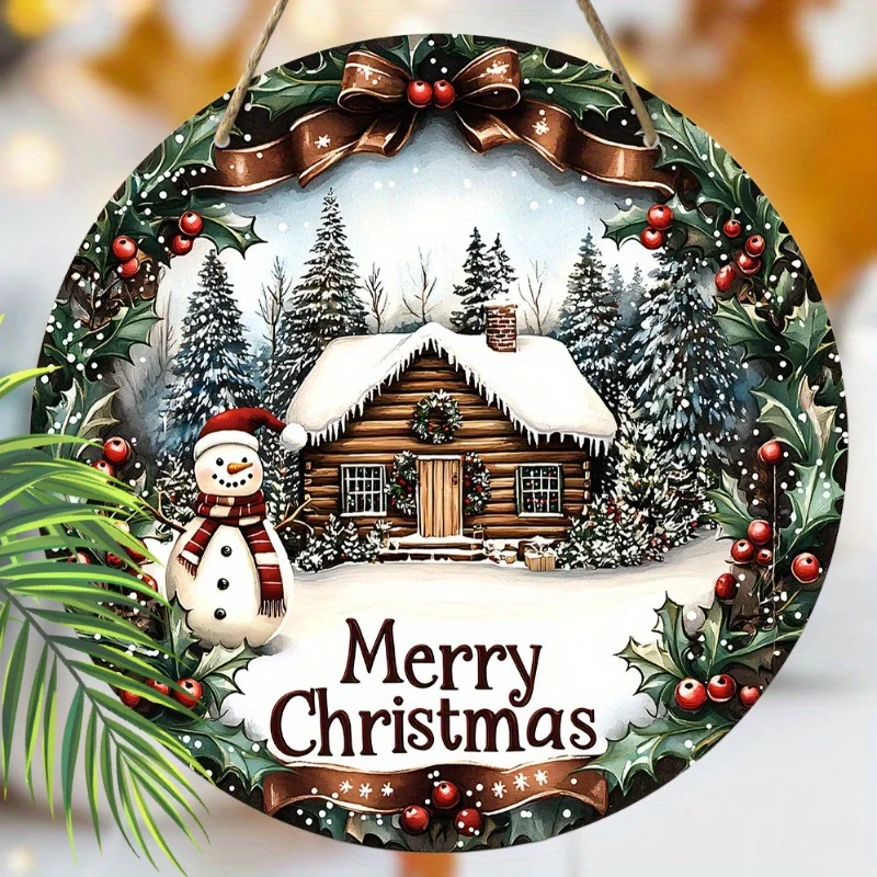 Frohe Weihnachten Schneereicher Dschungel Schneeflocke Schneemann Winterhaus Retro-Stil Weihnachten Holz Veranda Kranz Hängender Druck Schild 1 Stück