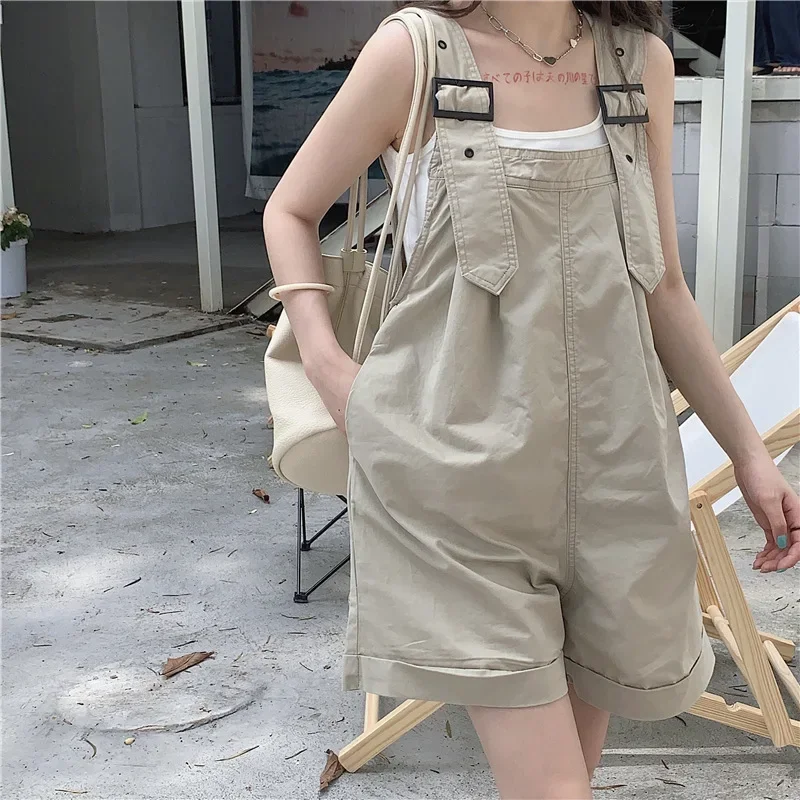 Summer Romper Ladies Solid Student Cute College Style Loose Wide Leg Pants Ulzzang Waist High Series Female Fashion Clothes