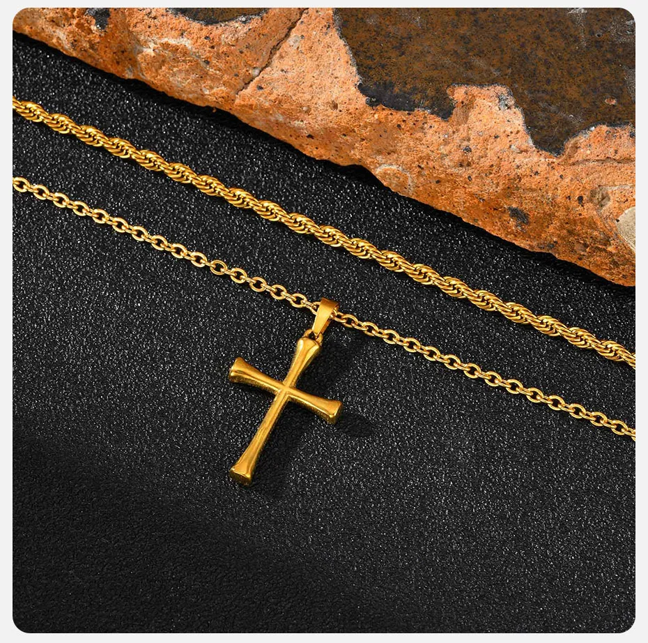 Einfache goldfarbene Kreuz-Halskette für Männer, Edelstahl-Kreuz-Pullover-Kette, Schmuck, Geschenk – Detail 6