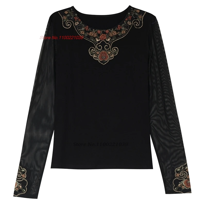 chinese traditional t-shirt national flower embroidery o-neck mesh sleeve folk shirt vintage hanfu tops retro base shirt