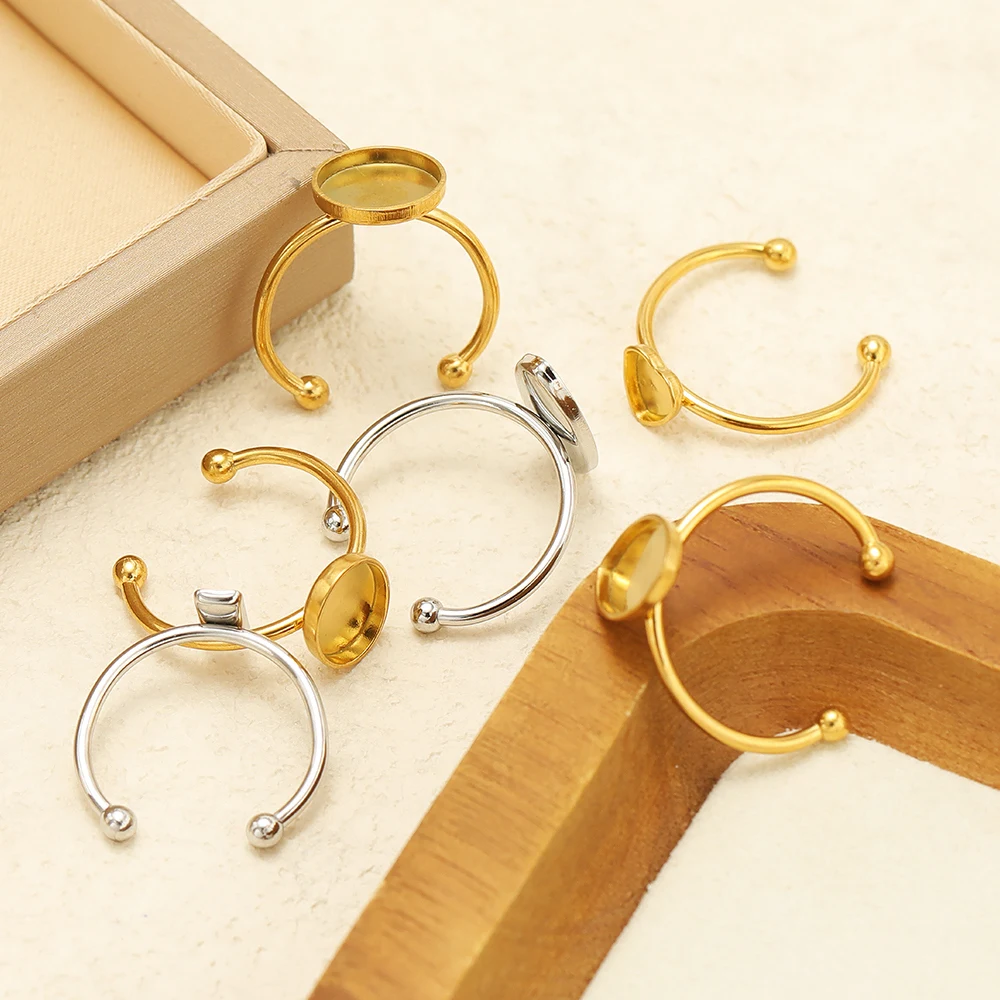 10 Stück verstellbare offene Ringfassungen aus Edelstahl, leere Cabochon-Basis, Lünette, Tablett, Ringe für Schmuckherstellung, DIY-Ring-Zubehör – Detail 4