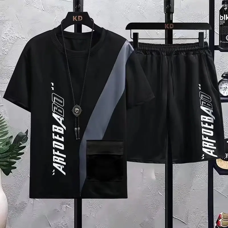 

Комплект из двух предметов, летняя мужская одежда, футболка с коротким рукавом в стиле пэчворк, пляжные спортивные шорты, мужские короткие комплекты, Японская уличная мода