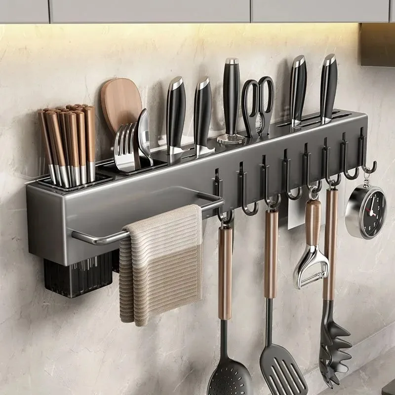 Wall mounted Knife Holder Multifunctional Storage Rack for Household Kitchens No Punching Chopsticks Tubes Integrated Storage