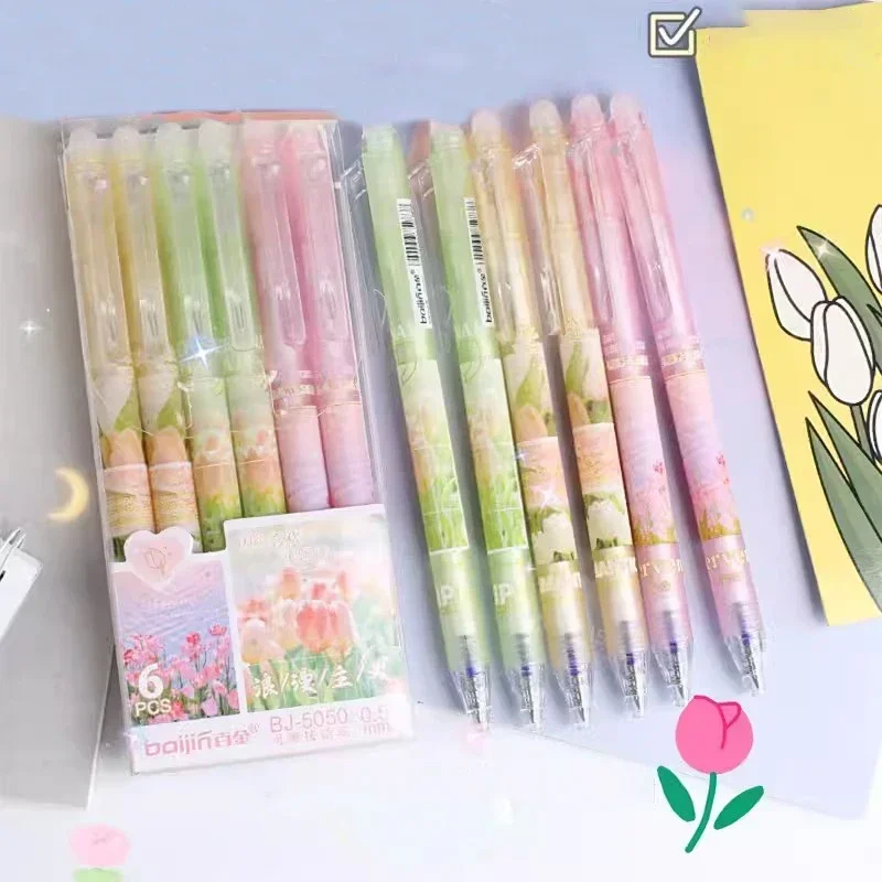 Erasable Gel Pens Romantic Flowers Blue Black Ink Signature Pens Erasers 0.5mm Cute Writing Tools Office School 6pcs