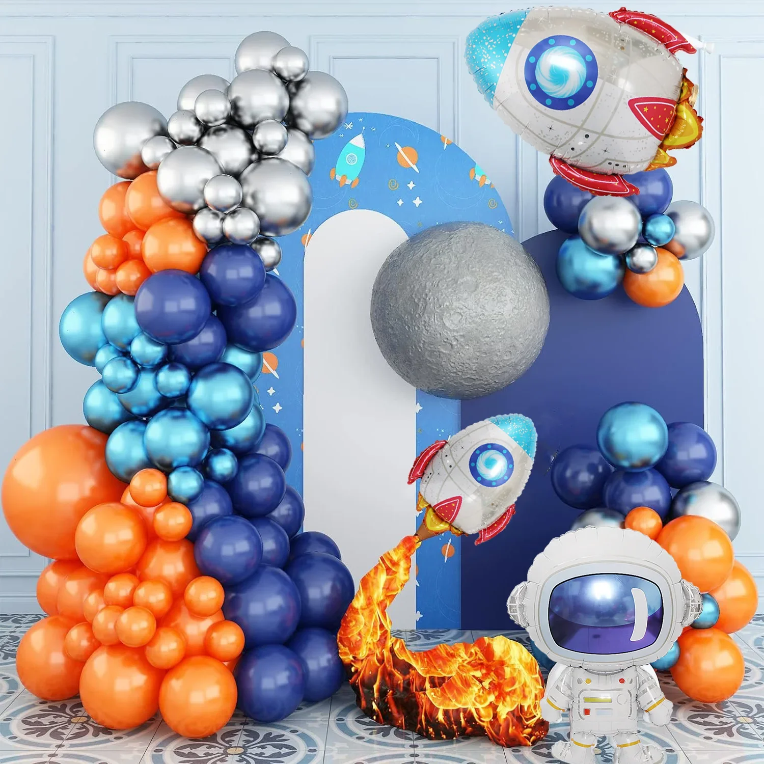 

Комплект арочной гирлянды из космических тематических воздушных шаров, синий, оранжевый, фольгированные шары-ракетой, украшения для дня рождения мальчика в космическом пространстве