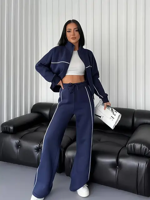 2024 new long-sleeved half-turtleneck cardigan hoodie lace-up striped Outdoor sports casual 2 piece pantsuit women's clothing - Image 2