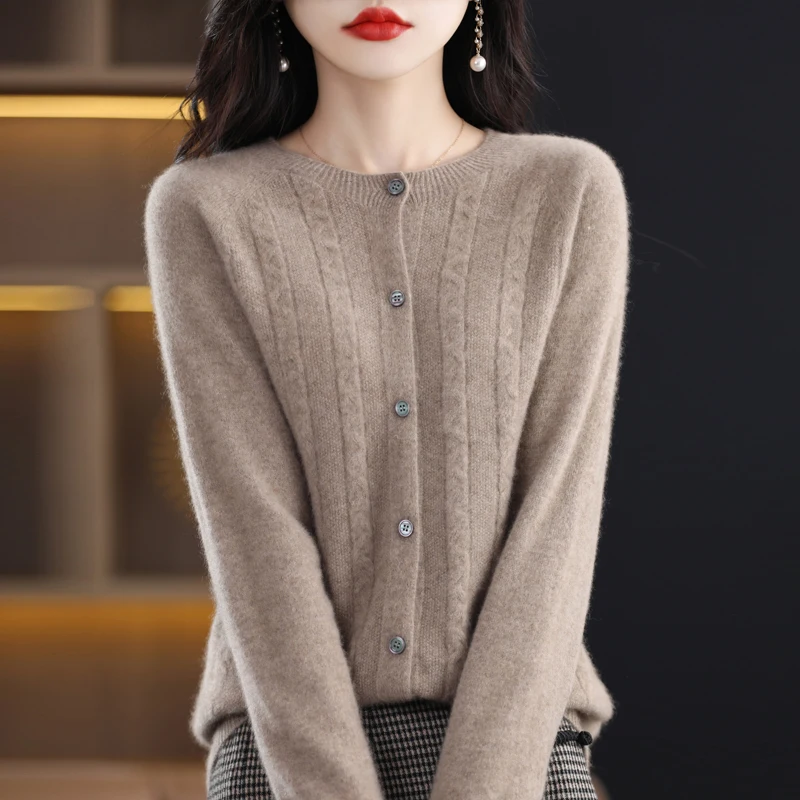 단색 루즈 100 순모 가디건, 봄 및 가을, 첫 번째 라인, 준비된 착용 코트, 여성 트위스트 꽃 기질 니트