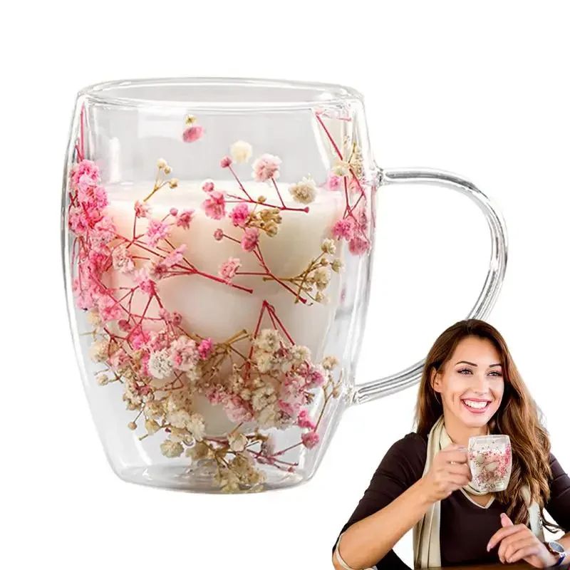 350ml Dried Flower Cup Double Insulated Wall Glass Full Star Milk Coffee Mug with Handle Hot and Cold Tea Cups Beverages Cups
