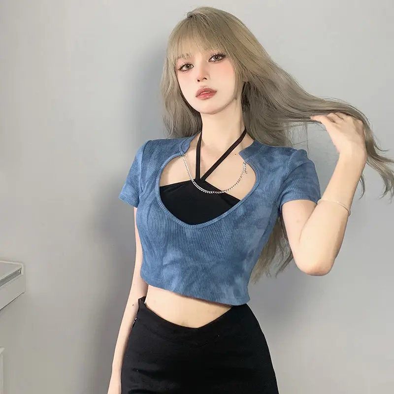 

Hotsweet Halter T-shirt Women Fashion New Slim Graphic Sense Tie Dye Sexy CHAIN Square Collar Short Tops