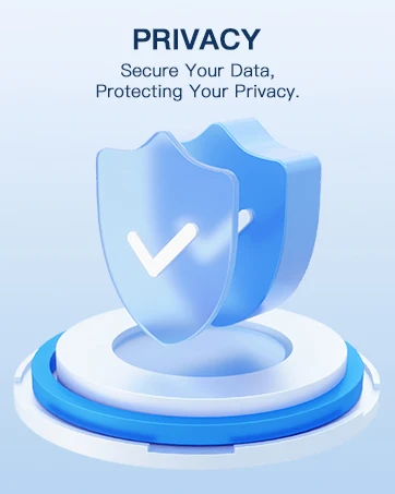 Text reads 'PRIVACY' and 'Secure Your Data, Protecting Your Privacy.' Blue and white shield icon with checkmark symbol on glowing circular platform.