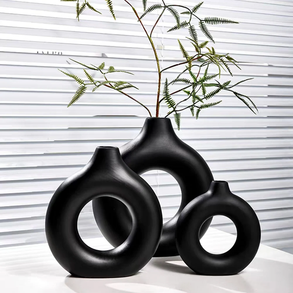 1Pcs Plastic Flat Minimalist Vase Wedding Decoration Donut Shape Flower Vase Oval Hollow Black Vases Fashion Home Living Room 5