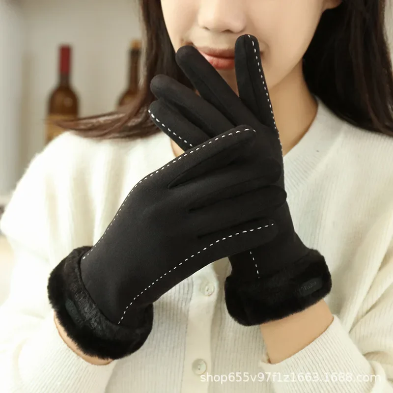 High quality winter knit gloves for women fur lining hand warmer new 2023 elegant cute gloves - black pink grey