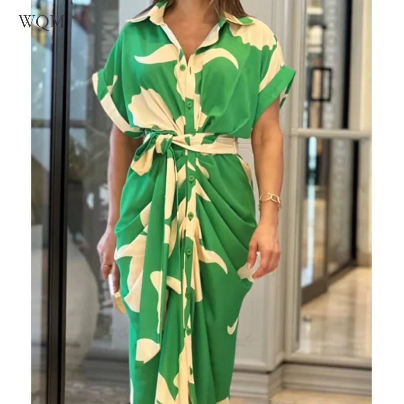 

WQM Green Elegant Short Sleeve Tie Design Shirt Dresses Female Elegant Shirt Dresses Short Sleeve Tie Long High Streetwear