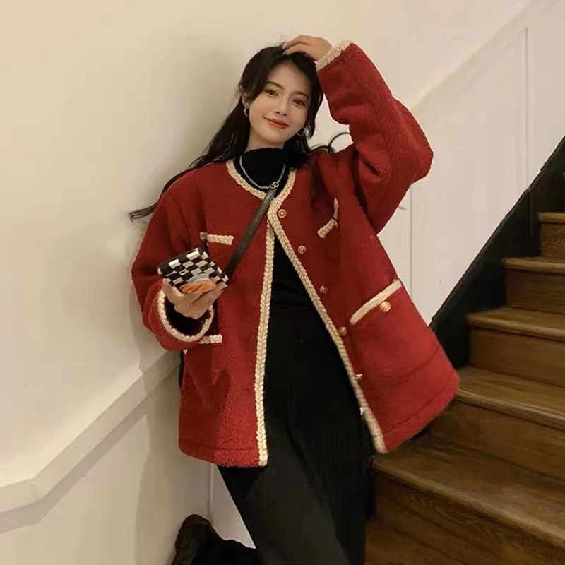 New Red Wool Coat Sweet Women Fashion Vintage Button O-neck Single Breasted Casual Long Sleeve Solid Outerwear