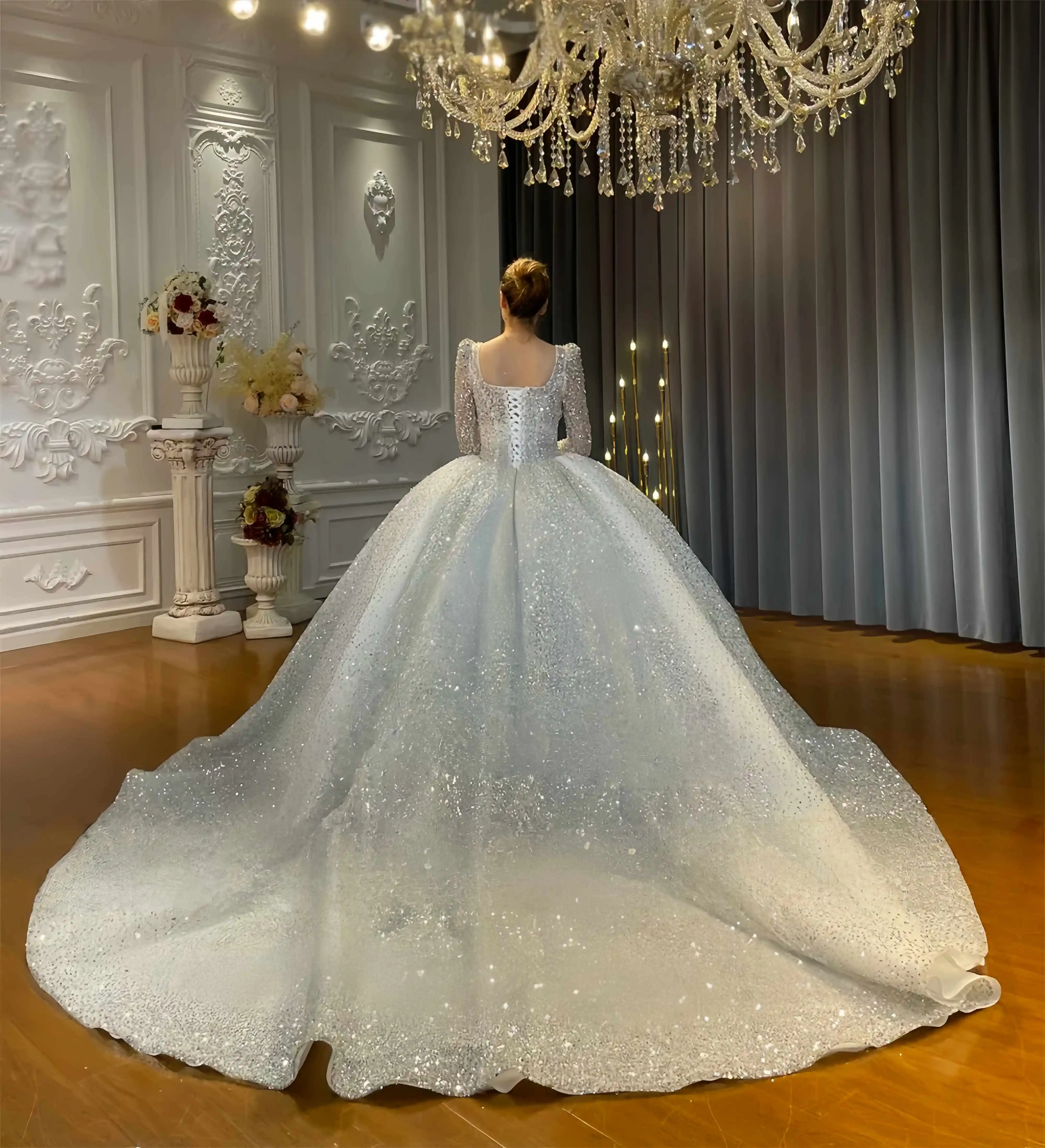 Customized Amanda Novias Official Square Neckline Long Sleeves Sparkly Wedding Dress