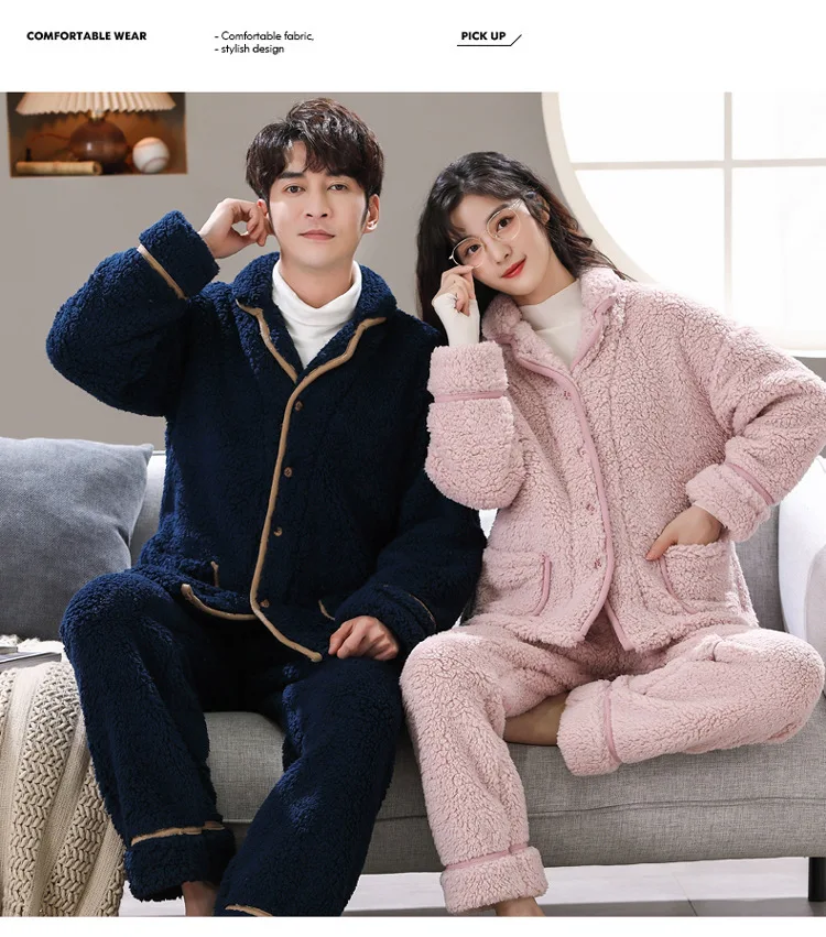 cotton pj set Winter Warm Pants Pajama 2Pcs/Set Mens Womens Cardigan Long-sleeved Thicken Lamb Velvet Pajamas Soft Nightwear for Couples organic pyjamas