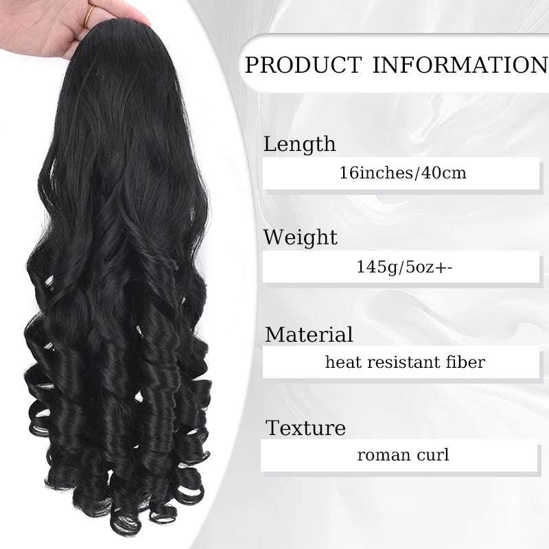 16inch Roman Curl Hair Ponytail Wig Synthetic Wavy Ponytail Extensions with Drawstring&2 Comb Clips Ringlets Hairpiece for Women
