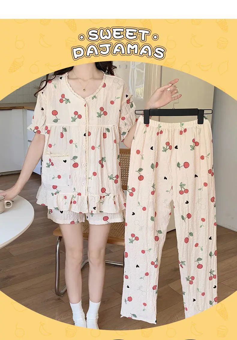 Yasuk Primăvară Toamnă Vară Femei Casual Moale Sleepwear Pamas Set cu Pantaloni Lungi Scurti Dulce Imprimeu Dantelă Căpșuni_voghion.com