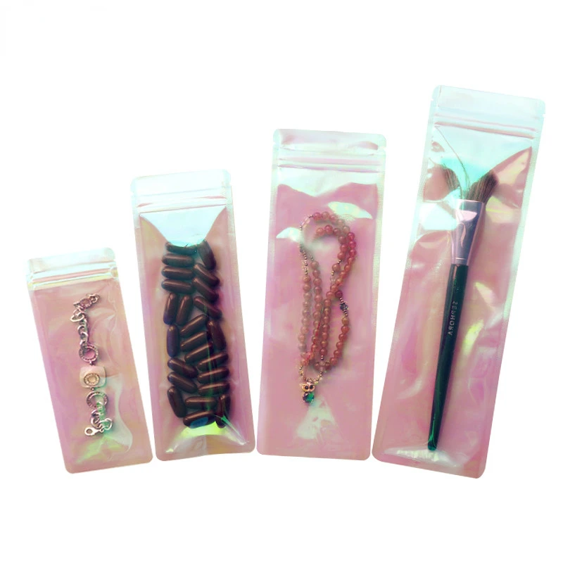 

100 шт Великолепные Длинные лазерные радужные мешки на молнии, браслет, ожерелье, ювелирное изделие, линия передачи данных, кисть для ресниц, косметический карандаш, сумки