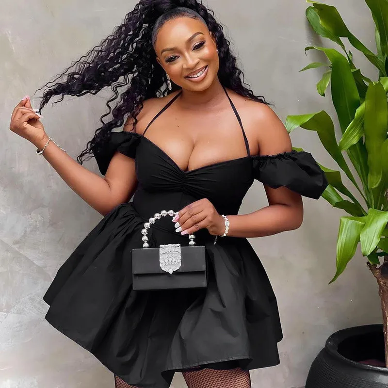 Off Shoulder Short Puff Sleeve Mini Dress For Women Black Slash