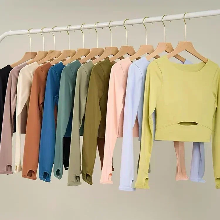 Lemon Women Yoga Long Sleeve Shirts With Chest Pad Exposed Navel Sports Fitness T-Shirt Outdoor Cycling Tights Workout Tops