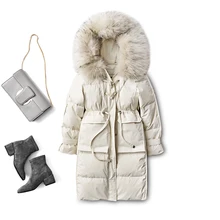 

2022 Raccoon Fur Coats and Jackets Women 90% White Duck Down Long Collar Detachable Spliced Fur Wide-waisted White Winter Coats