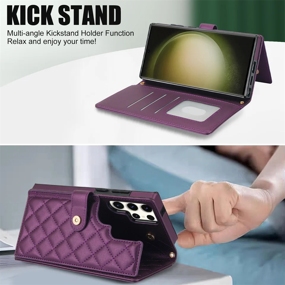 Long Lanyard Multi Cards Solt Wallet Flip Case For Samsung S24 Ultra S23 Plus S22 S21 FE A14 A54 A15 A55 Crossbody Strap Cover