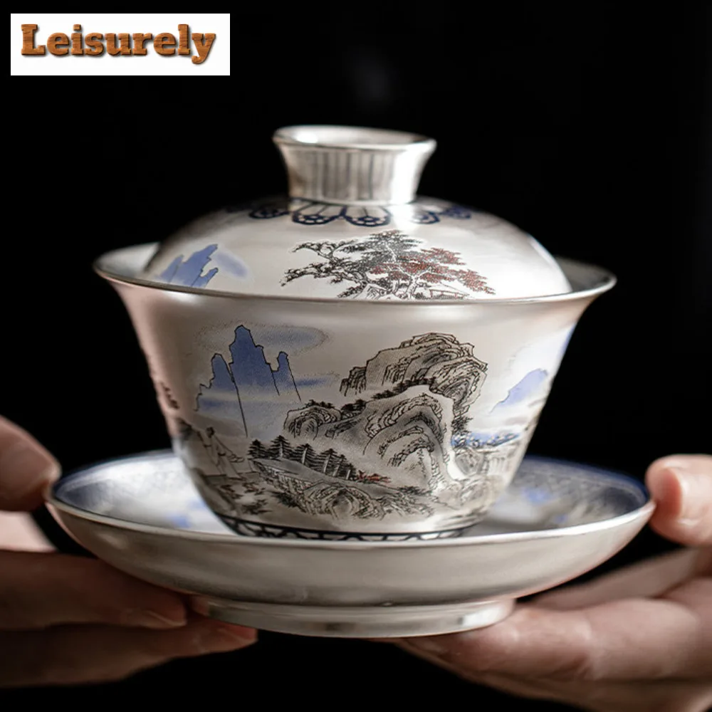 150ml Top Grade Distant Hills Gaiwan Elegant Gilt Silver Anti Scalding Tea Tureen Tea Brewing Cover Bowl Teaware Supplies Craft