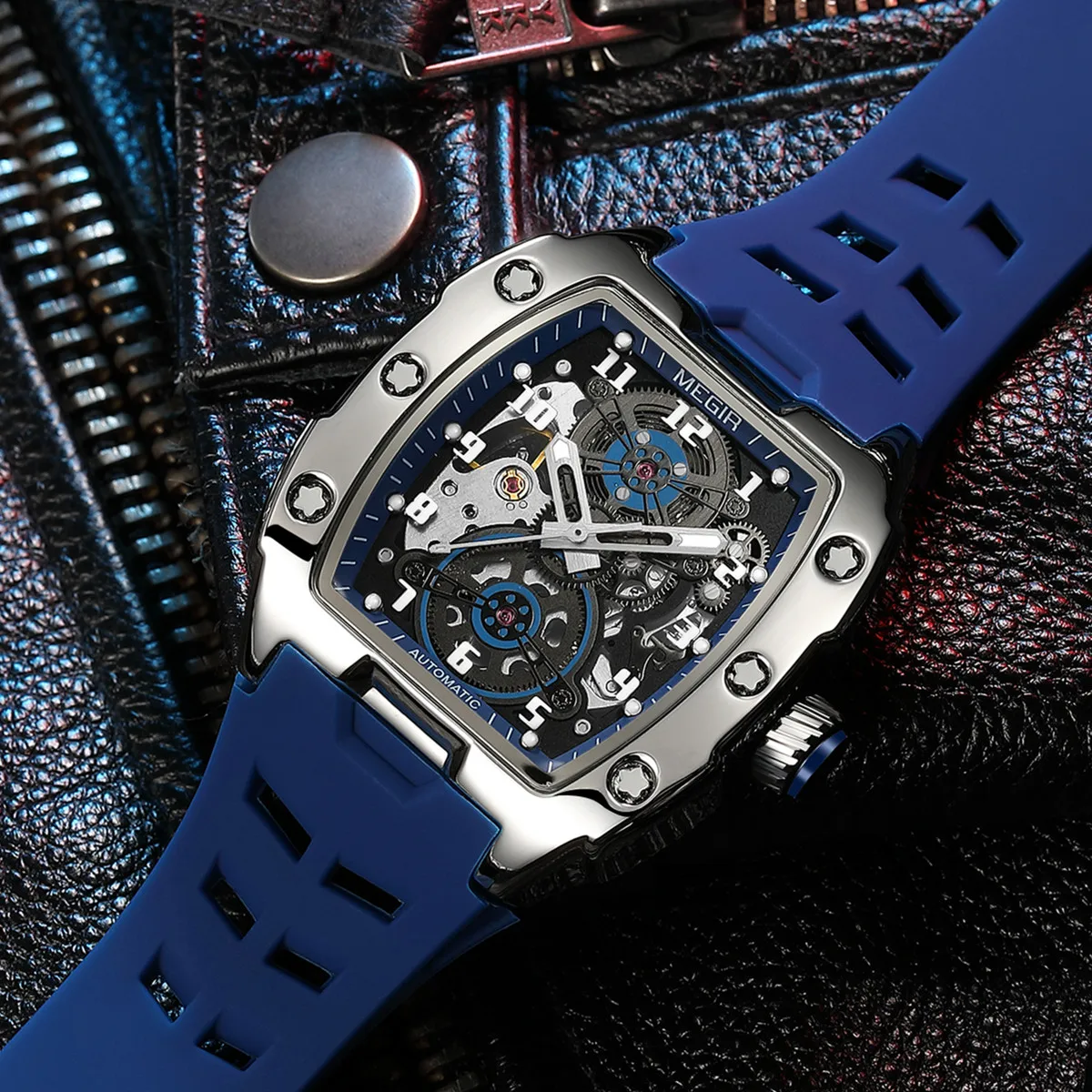 MEGIR Automatic Mechanical Watches for Men 43MM Tonneau Skeleton Dial Man Wristwatch Waterproof Luminous Male Clock Reloj Hombre - 3