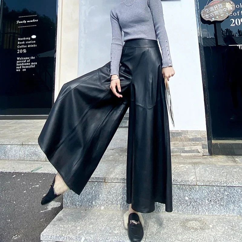 

Autumn Winter Wide Leg Pants Women Genuine Leather Loose A-line Trousers for 2024 High Waist Korean Streetwear