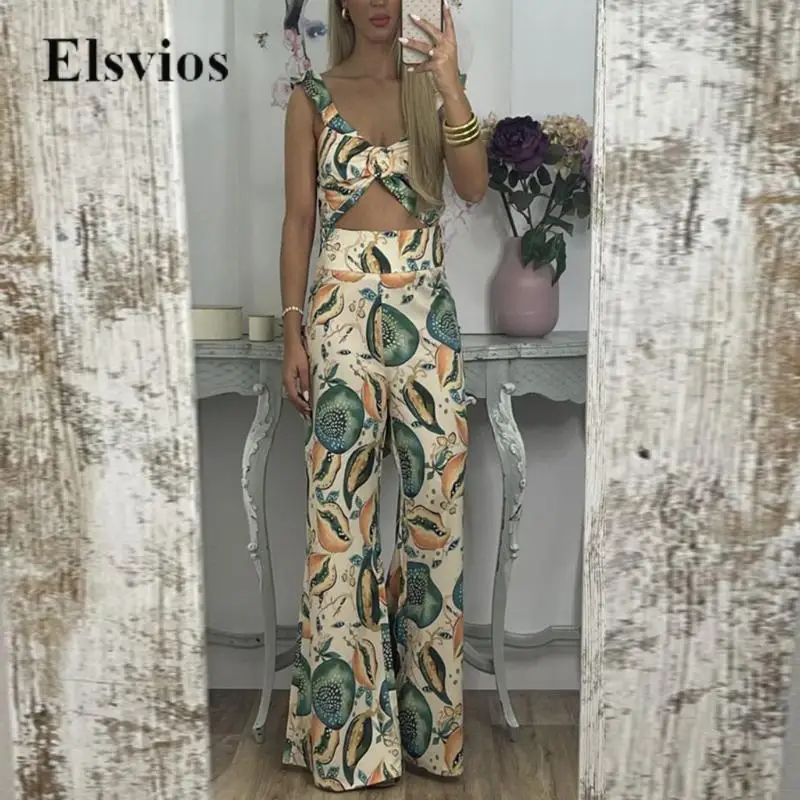 

Sexy Ruffle Straps Crop Tops + High Waist Long Pants Outfits Women Casual Boho Beach Suit Fashion Print Slim Flare Trousers Set