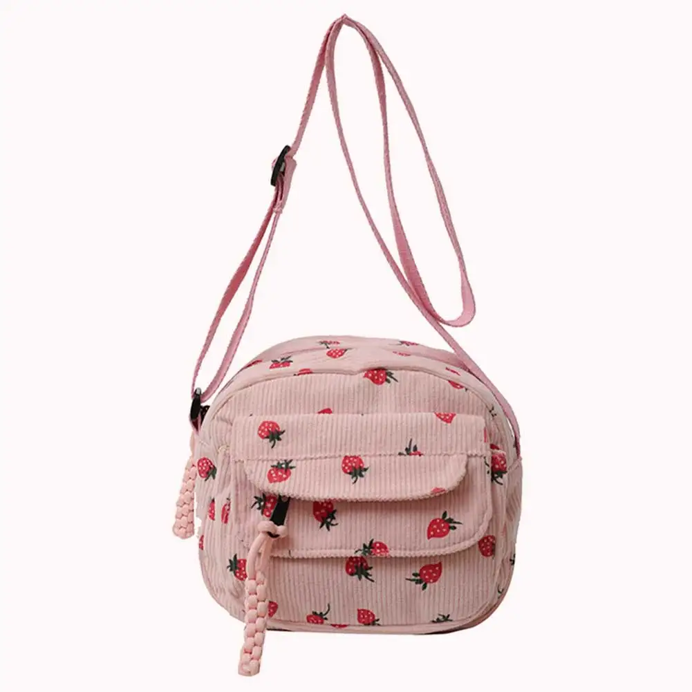 Cute Strawberry Trendy Crossbody Bag Corduroy Messenger Bag Casual Zipper Tote Handbag for Women Travel Work