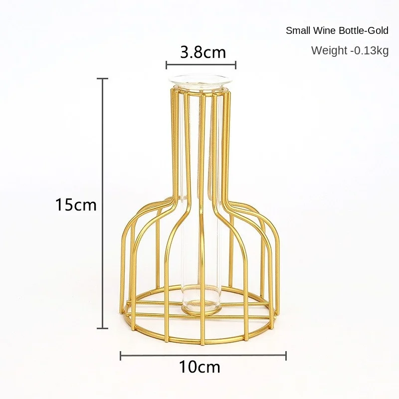1pc Iron Art Hollow Out Golden Vase Creative Metal Bottle Flower Arrangement with Transparent Hydroponic Test Tube Home Decor 6