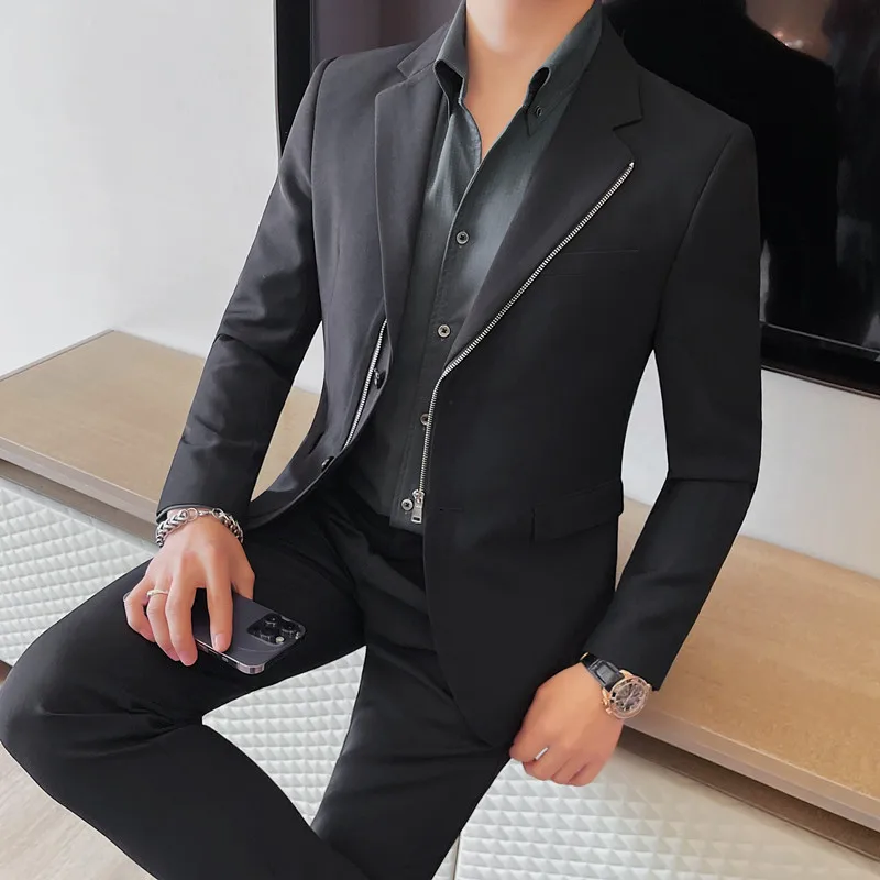 Zipper Men Blazers Spring Business Casual Suit Jacket Slim Office Social Dress Coat Wedding Groom Men Clothing