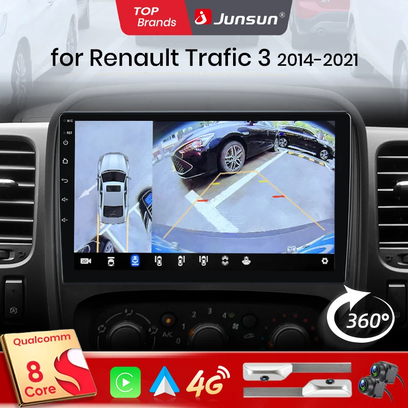 Junsun Qualcomm 8-Kern 360 ° Optionale Kamera, CarPlay, Android Auto Autoradio für Renault Trafic 3 2014 2015 2016 -2021, 2-DIN-Systeme, Stereo, GPS, SWC, Bluetooth, FM, RDS, DSP, IPS-Bildschirm, intelligente Fahrzeugsysteme, KI-Sprachsteuerung, 4G, WLAN, 8-Kern-Prozessor, Plug&Play-Headunit