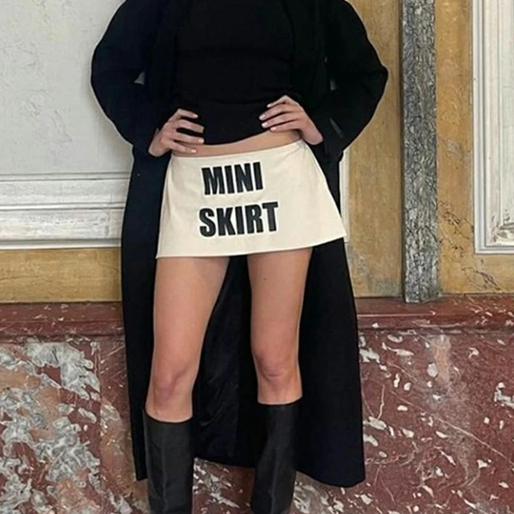 

HEZIOWYUN Letter Pattern Low Waist Bar/Club/Part Elastic Short Skirts Ladies Super Short Outfits Mini Skirt