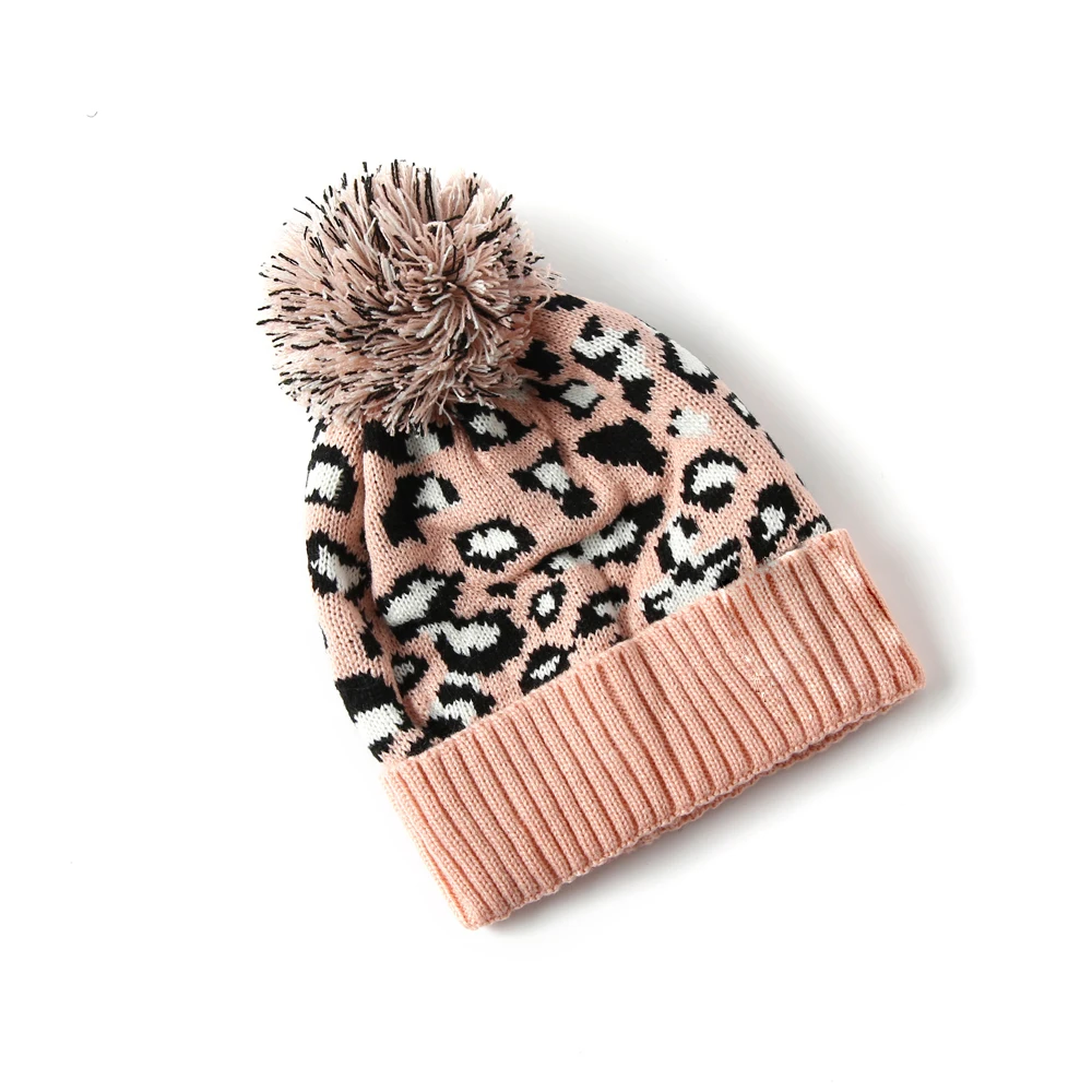 4 Color Knitted Leopard Beanies Skully Trendy Warm with Pompom Fur Pom Pom Print Winter Hat For Women Fashion Gift 4