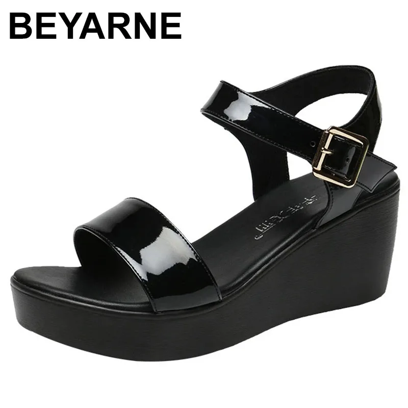 PlusSize3443PlatformSandalsWomenShoesSummer2023PatentLeatherSandalMediumHeel