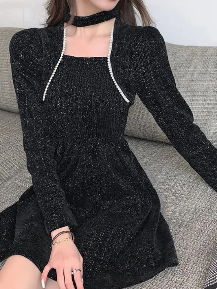 

Autumn Zipper Dress for Women Chic Halter Vintage Vestidos De Mujer Slim Waist Ruffles Velvet Korean Dresses Temperament Robe